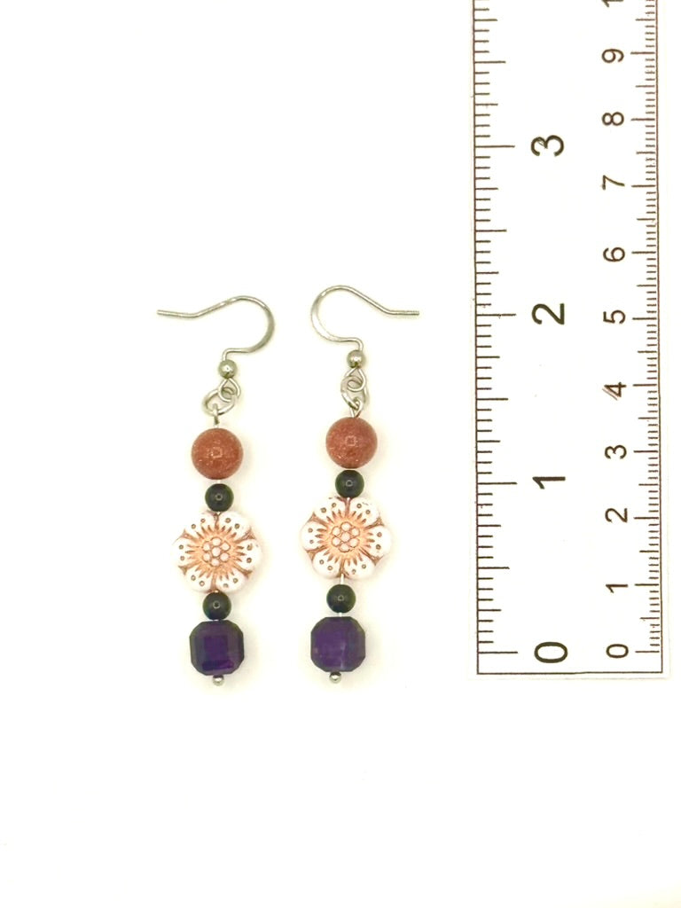 Lucky Day - Amethyst, Golden Orange Sandstone, and Black Onyx Bead Necklace & Earring Set