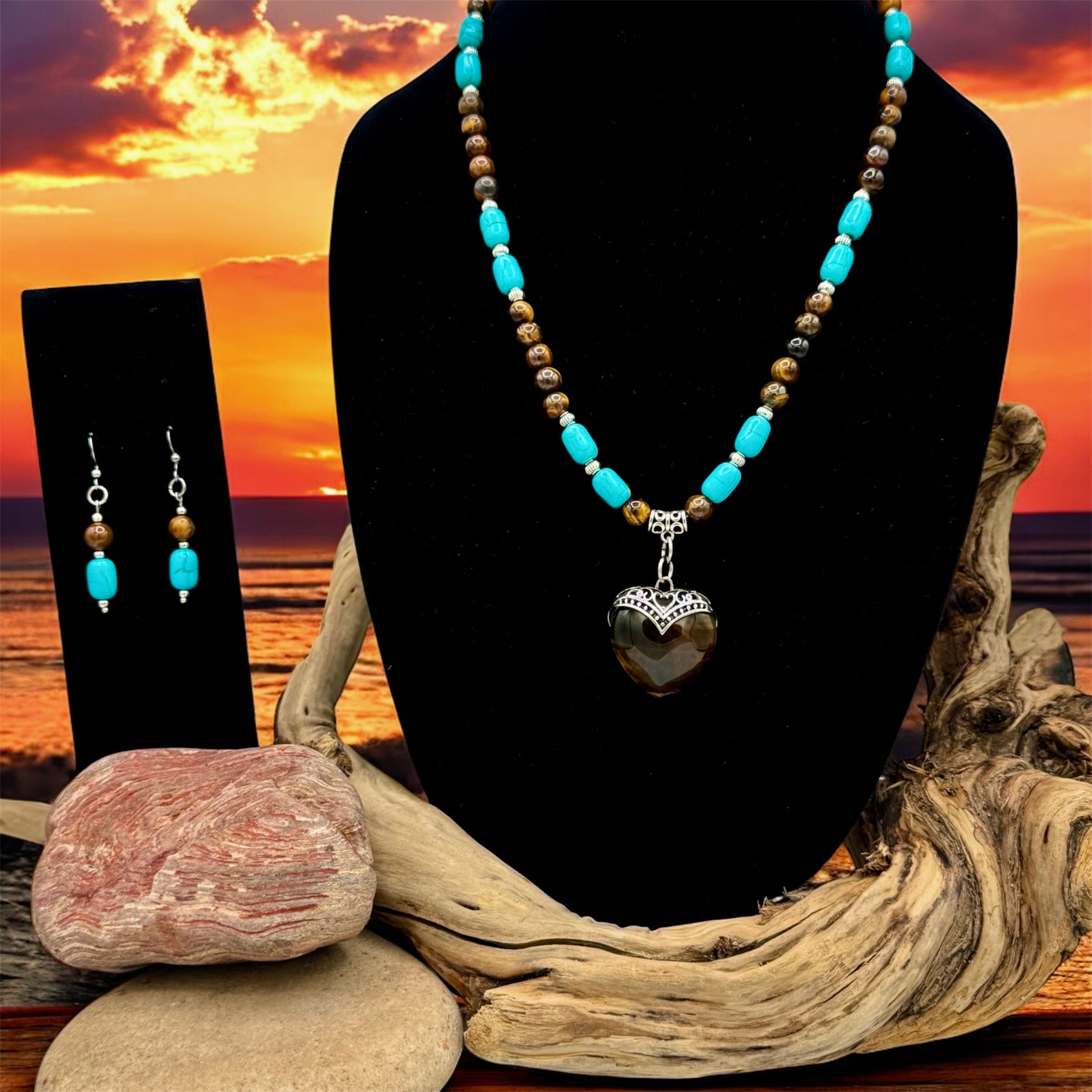 Heart Fire - Turquoise and Tiger's Eye Bead Necklace & Earring Set