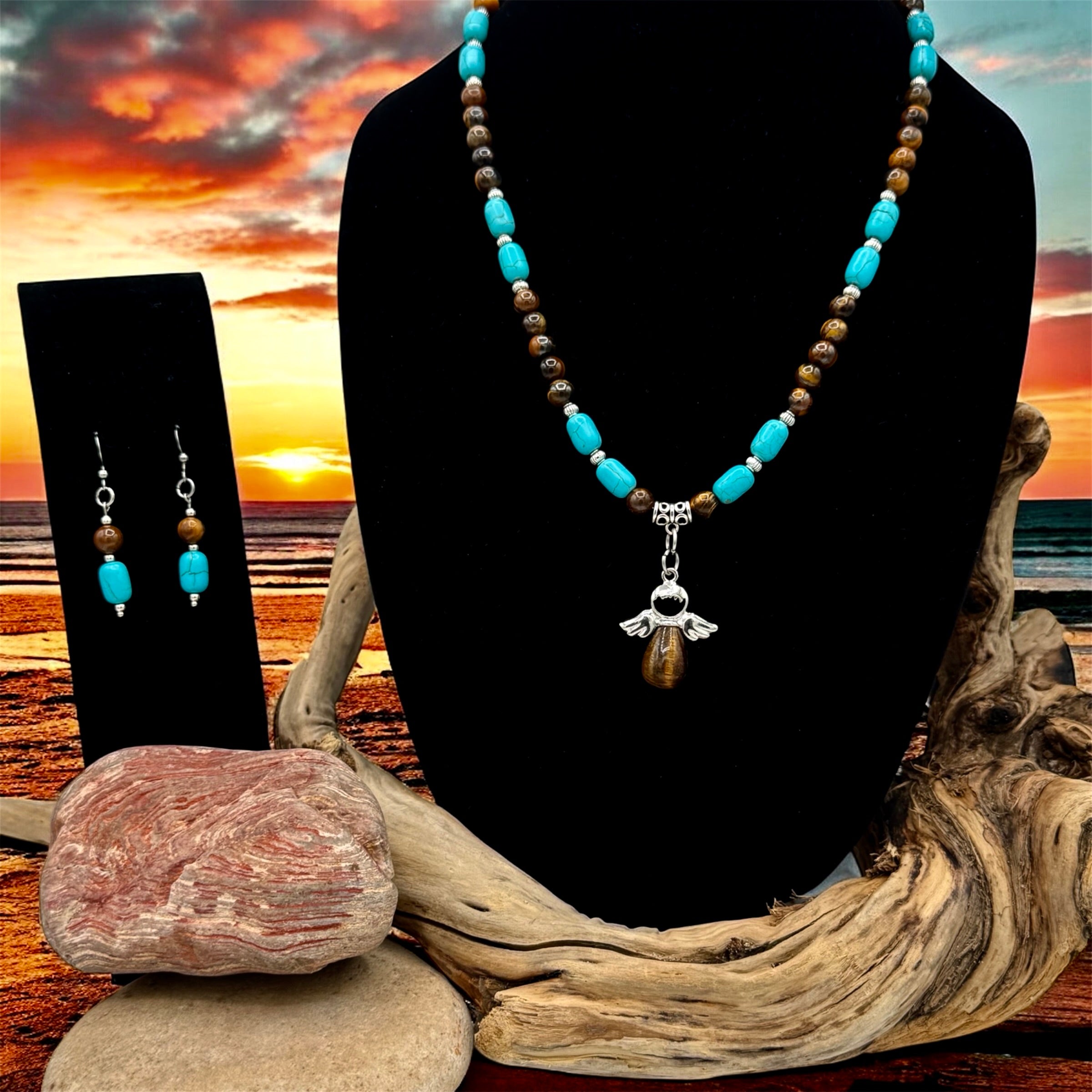 Guardian Angel - Turquoise and Tiger's Eye Beaded Necklace & Earring Set