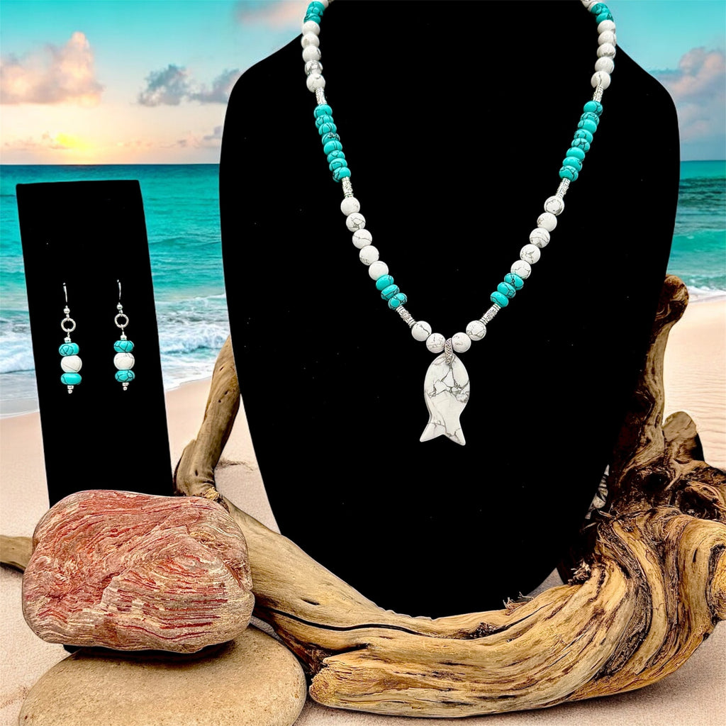 Pez - Turquoise and White Howlite Beaded Necklace & Earring Set