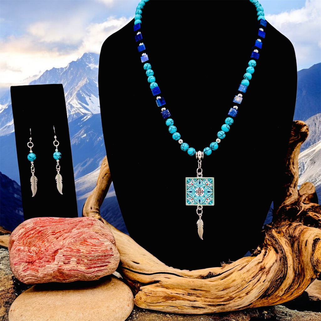 Aqua Blue Boho - Turquoise and Lapis Lazuli Bead Necklace & Earring Set