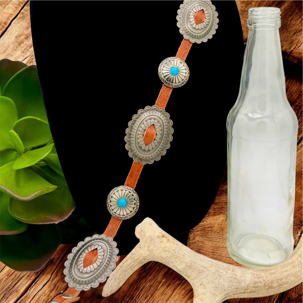 Turquoise Concho Belt - Brown