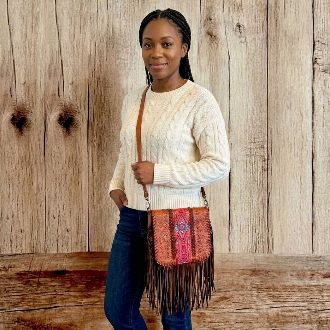 woman modeling with bag